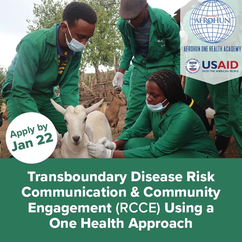 OneHealthUCD's tweet photo. Our One Health Workforce-Next Gen partners at @AFROHUN have just launched the 1st program of their new AFROHUN Academy: Transboundary Disease Risk Communication &amp; Community Engagement using a #OneHealth Approach. 

Apply by January 22 at https://t.co/oEMc3P4Zxn https://t.co/7TG78A73Dz