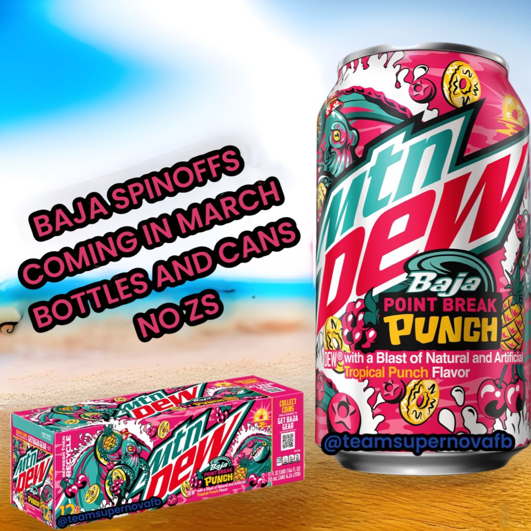 TeamSupernovaFB's tweet photo. Thanks to the render team in the Dew Drinker Discord, we now have renders of the upcoming Baja Spinoffs - coming in March! Check them out:

Baja Point Break Punch - a Tropical Punch flavor. The art work features pineapple, cherry, and raspberry. Really curious about this one!

Baja Laguna Lemonade - a Mango Lemonade flavor. I have high hopes for this one. I love Mango.

Both will be available anywhere Dew is sold in late March in bottles and cans and there will be no Zero Sugar versions.

Which one are you trying first? Tag your Baja loving friends and let them know more Baja flavors are coming!!! 

⬇️⬇️⬇️⬇️⬇️⬇️⬇️⬇️

https://t.co/Zp2rqxo1fP for the Dew Drinker Discord - We’re almost at 15K members! Help us get there! 

Use code SUPERNOVA and save 20% at https://t.co/tko9AI6CO8

Have your product posted about/business reviewed/partner with Team Supernova -> email TeamSupernovaFB@gmail.com

#baja #bajablast #mango #lemonade #mangolemonade #mtndew #mountaindew #mtdew #soda #pop #drinks #snacks #influencer #news #fyp #viral #influencer #blogger #teamsupernova