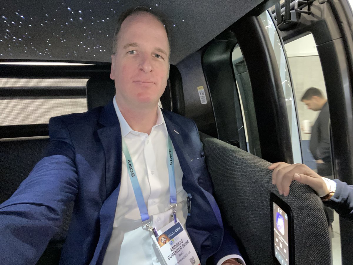 andreasbubenzer's tweet photo. For the first time at #CES2024 one gets a chance to actually sit inside Zoox’s robotaxi. Very cool. Rollout planned for this year! https://t.co/N6WXYlizwR