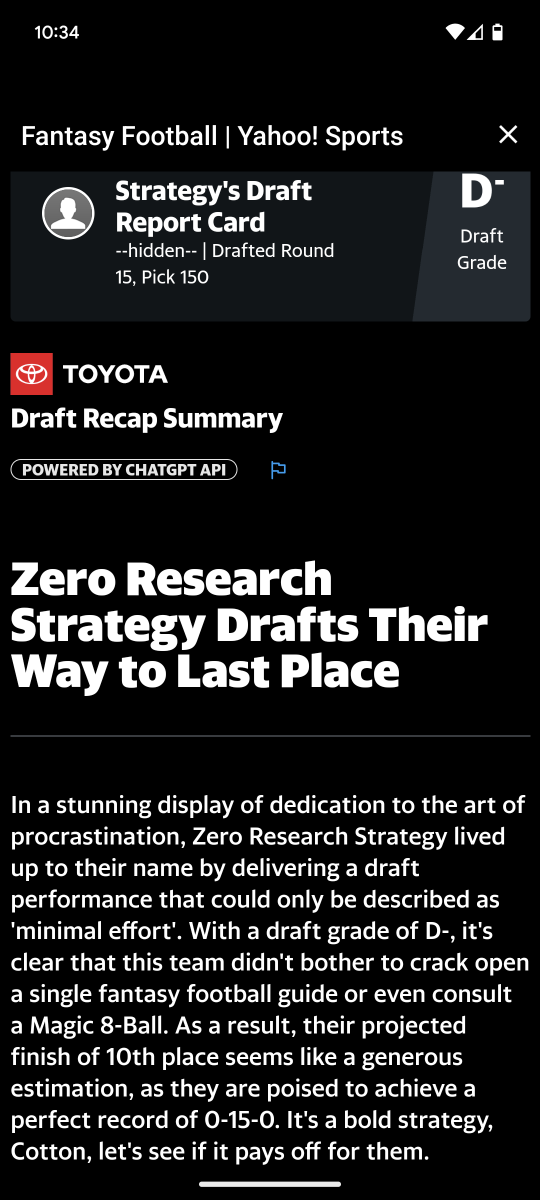 mitchmerck's tweet photo. @YahooFantasy projected me to go winless after my draft and decimated my team name in their review just for me to win my #FantasyFootball league Championship! https://t.co/iP1QpzUwHI