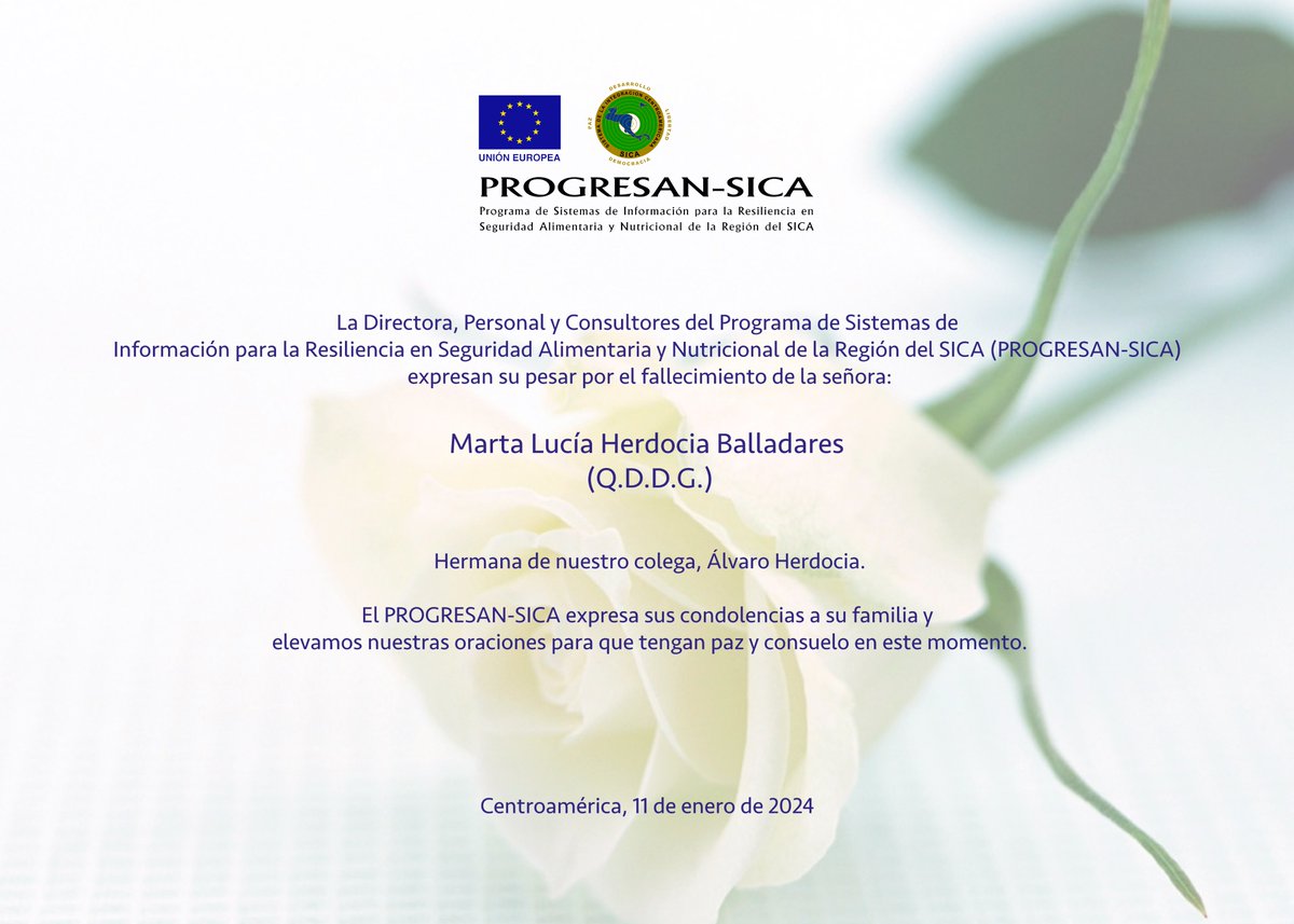 PROGRESANSICA's tweet photo. La Directora, Personal y Consultores del PROGRESAN-SICA expresan su pesar por el fallecimiento de la señora:

Marta Lucía Herdocia Balladares 
(Q.D.D.G.)

Hermana de nuestro colega, Álvaro Herdocia. https://t.co/7Xb5L7y3o9