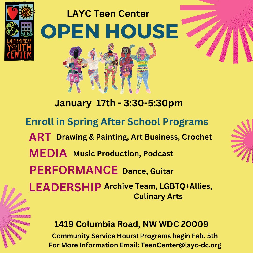 LAYCDC's tweet photo. Calling all youth! π£ Join us on January 17 from 3:30-5:30 pm to discover the exciting after-school programs we offer at our Teen Center. Don't miss out and get inspired! For more information, email TeenCenter@layc-dc.org.
#YouthOpenHouse #AfterSchoolPrograms #LAYC https://t.co/GLA4wIlRLG