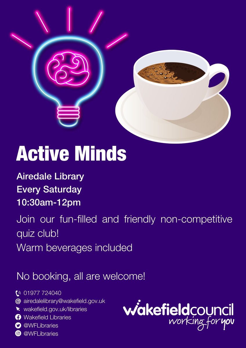 WFlibraries's tweet image. ❔☕ Join us at #AiredaleLibrary for Active Minds!
Our fun-filled and friendly non-competitive quiz club! 
Warm beverages included!
No booking required, all are welcome!
📅every Saturday ⏰10:30am-12pm 📍Airedale Library, WF10 3JJ

#Airedale #Thingstodo #quiz
@WFMuseums