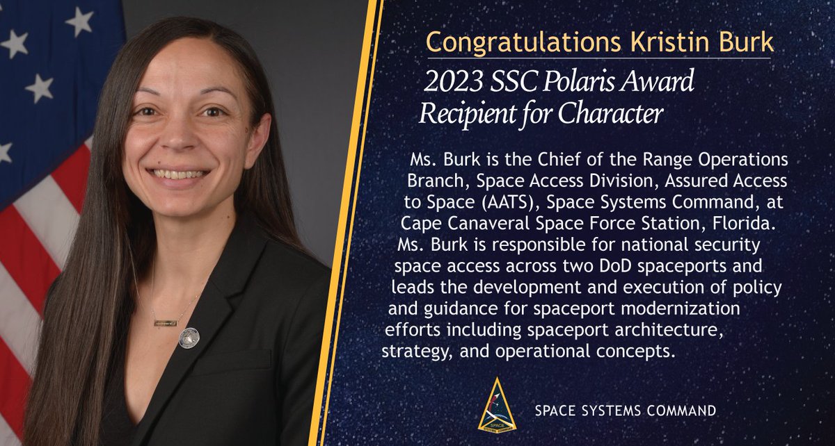 USSF_SSC's tweet photo. Congratulations Kristin Burk, #SpaceSystemsCommand recipient for the 2023 Polaris Award for Character! The Space Force’s Polaris Award recognizes Guardians that embody #GuardianValues. The US Space Force service-level recipients will be announced soon. https://t.co/srPHwCdv7T