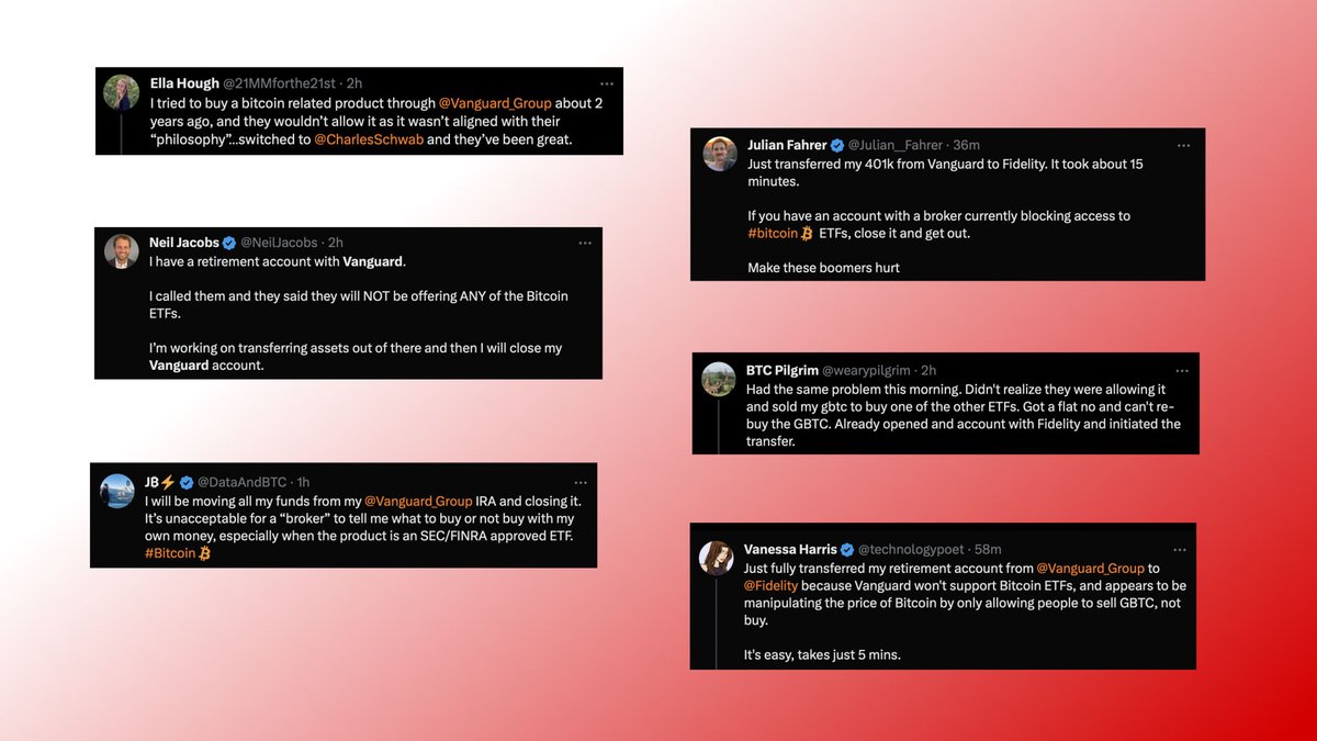 People are leaving Vanguard as the brokerage will not allow them to  allocate funds to the spot #Bitcoin ETF 👀 Money flows to where it is  treated best.