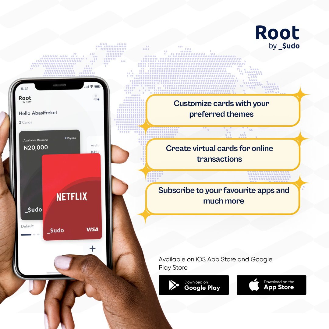SudoAfrica's tweet photo. Personalize your payment experience with themed designs inspired by your favorite brands such as Netflix, Apple, Uber and much more.
Pay with Root by Sudo! ๐ณ
#RootbySudo #SudoCards #SudoAfrica #ProgrammableCards https://t.co/qtoVsPR5tZ