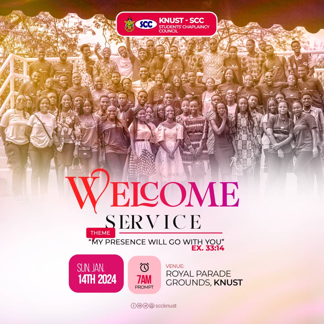 scc_knust's tweet photo. The Students Chaplaincy Council (SCC)
Comes your way this semester with the first service of the semester (welcome service) 🪇💃🏽.
It's on Sunday, 14th of January 2024
📍 Royal Parade Grounds.
⏲️ 7am prompt
Hope to see you thereee🥳
#UnityoftheSpirit
#Unityofthefaith https://t.co/Ss3xysXEeE