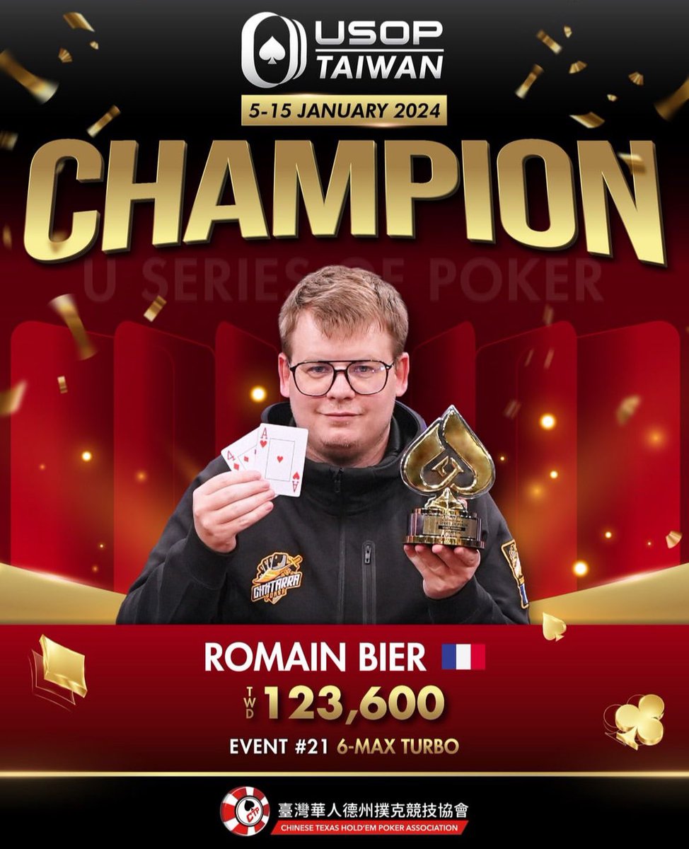 Second trophy on this <a href="/useriesofpoker/">U Series of Poker</a> festival in Taiwan for the Cimitarra Poker Team, thanks to Romain aka Michel aka Capitaine Obv who grabbed his 3rd USOP title in 2 festivals !
🏆🏆🏆 VGG 💪💪💪

#cimitarra #serialcrusherz #poker #live #festival #tournament #trophy #winner