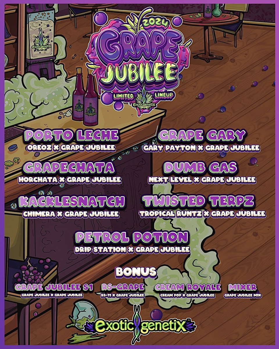 🍇🍇🍇 The full 2024 Grape Jubilee Limited Lineup!!! Available January 17th on exoticgenetix.com!!! 🤙🏼🤙🏼🤙🏼 #grapejubileelineup #exoticgenetix #itsalifestyle