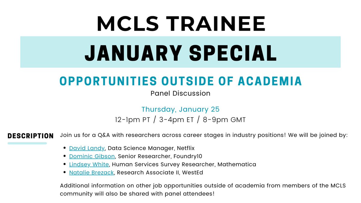 Save the date for our January Special: Opportunities Outside of Academia: A Virtual Panel. Join us on January 25 at 12pm PT / 3pm ET / 8pm GMT.