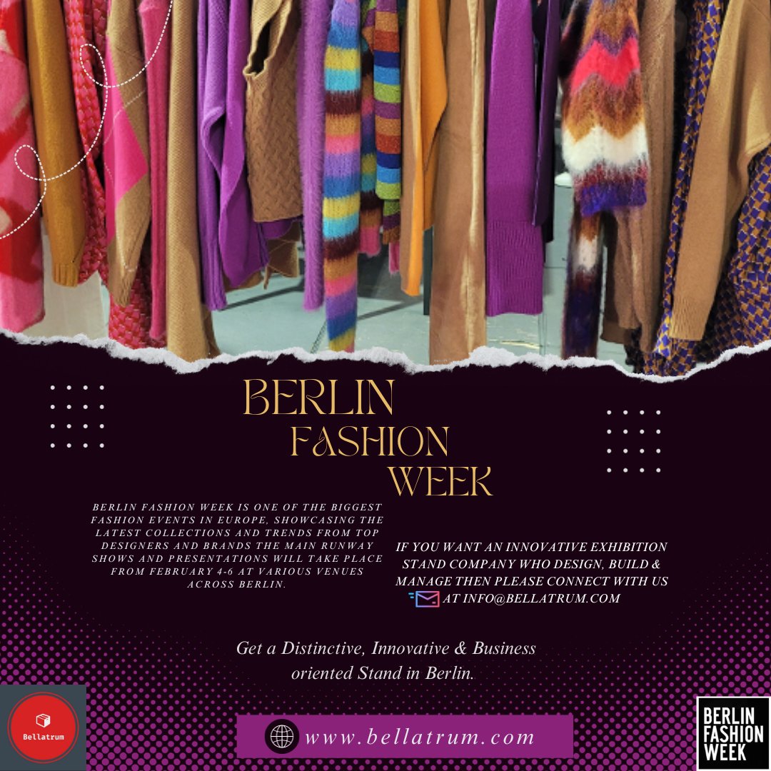 bellatrum0321's tweet image. The metropolis of Berlin agai will feature the Berlin Fashion Week.
Connect with us through info@bellatrum.com
Visit our website ➡️ bellatrum.com

#exhibitionboothdesign
#business
#standcontractor
#exhibitionboothbuilder
#tradefair