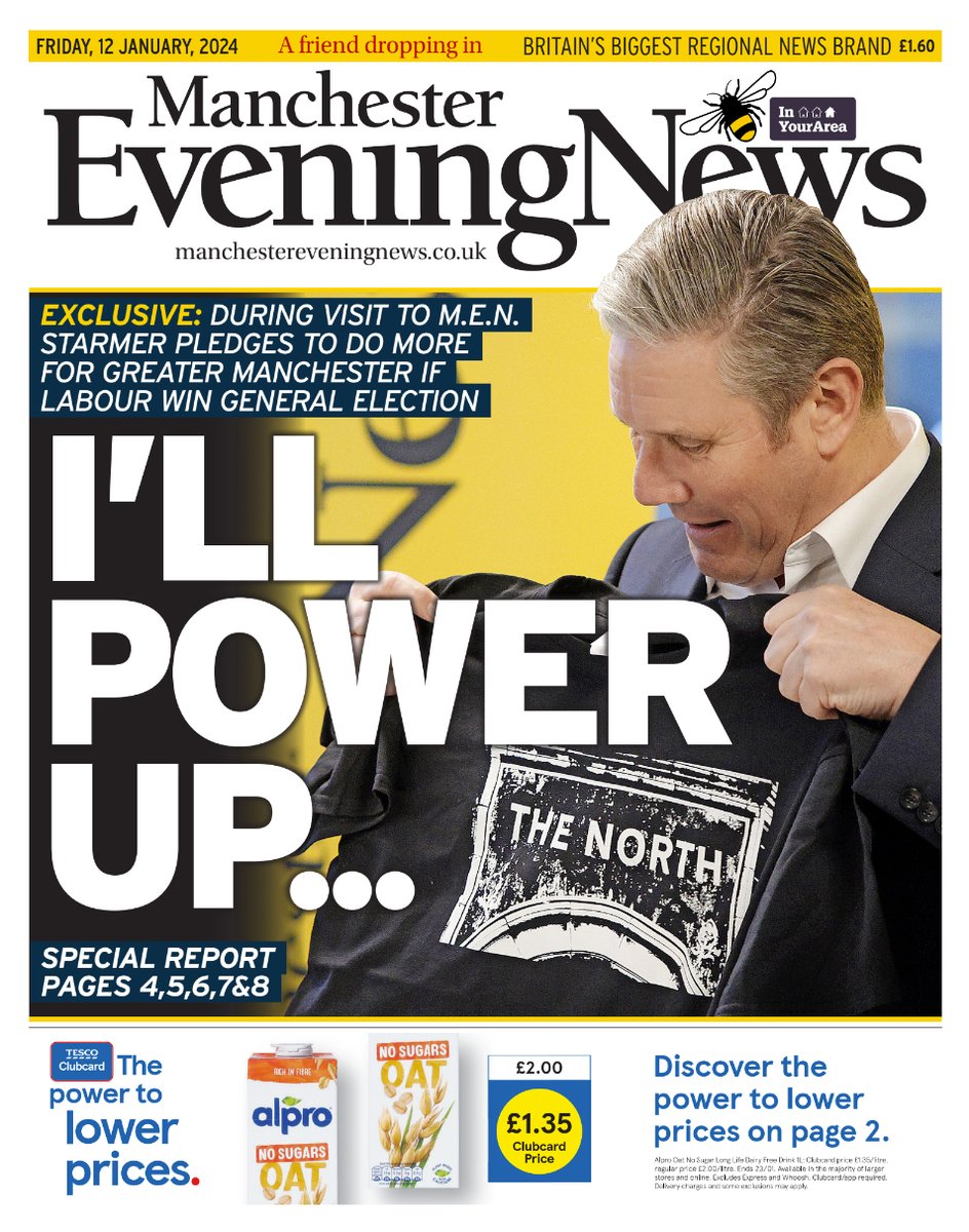 The front page of tomorrow's edition of the Manchester Evening news following a visit from @Keir_Starmer #tomorrowspaperstoday