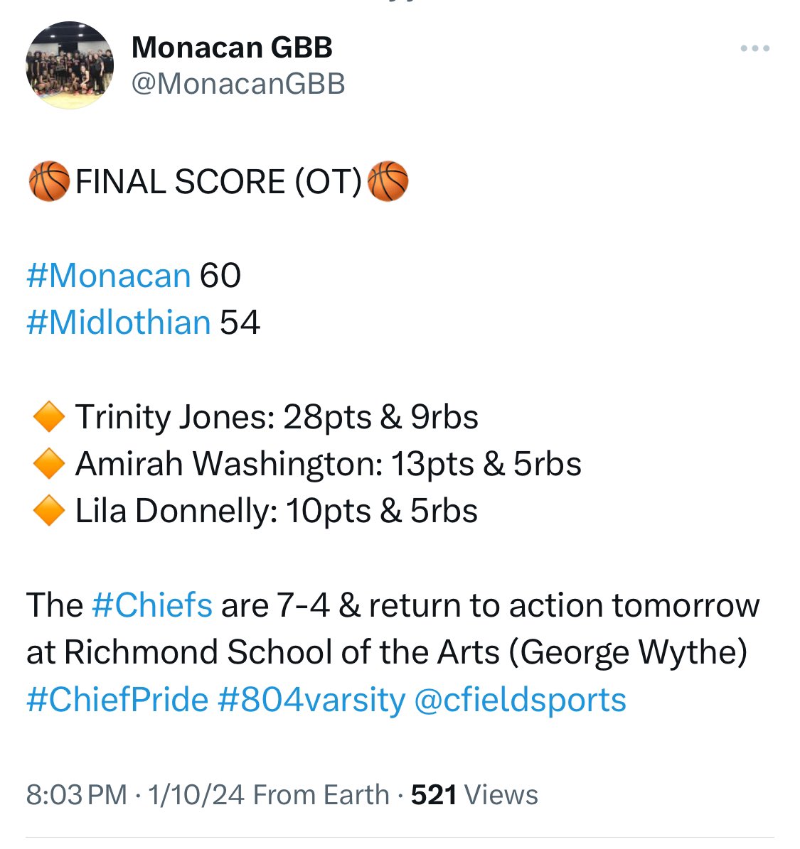 VAHavoc's tweet photo. What A Game! Congratulations to @MonacanGBB c/o 2025 @trinityjones35 on her stat stuffing performance in helping her team get the W vs. Midlothian! She scored 28 Pts & grabbed 9 Rebs! She was on ๐ฅ ! And she is just getting started! #TrinityJones #SheSoTuff #ProtectThisHouse https://t.co/4wE4skJQvL