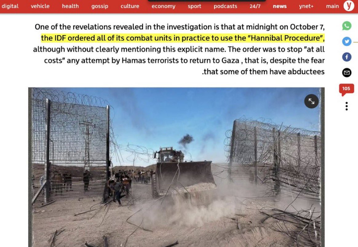 SuppressedNws's tweet photo. 🚨BREAKING: ISRAEL KILLED ITS OWN ON OCTOBER 7TH -HANNIBAL PROCEDURE ORDERED 

A recent Israeli media investigation has uncovered new commands given to the Israeli army on the 7th of October, instructing "All combat units at all costs" to use the 'Hannibal procedure,' allowing them to eliminate targets, including those with Israeli captives. 

The command led to the targeting of more than 70 vehicles by combat helicopters, tank shells, and airstrikes.

Source: Yedioth News. 
Credits: @Mohamedshehada