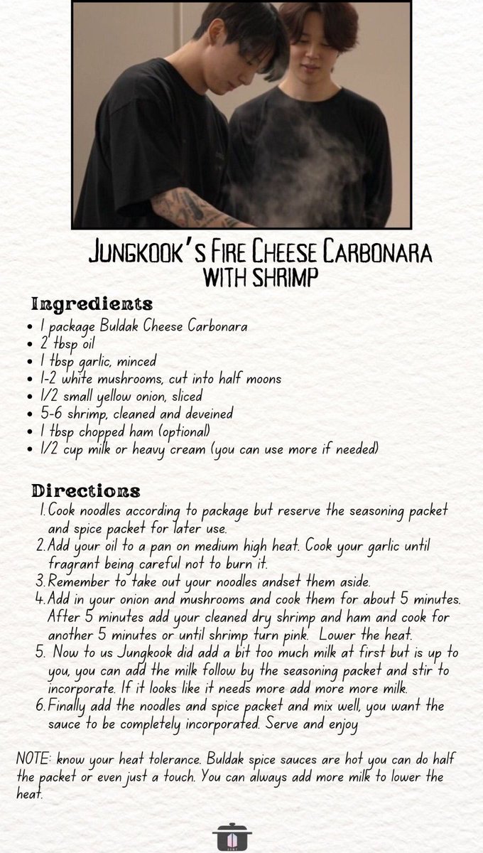 BTSARMYKitchen's tweet photo. Lil Chef Jungkook showed off his skills by cooking for Jimin on the BTS Monuments: Beyond The Star.

Want to know what he made? We got y’all cover. 

Here’s Jungkook’s Fire Cheese Carbonara with Shrimp. 

#WhatBTSAte #TheKookBook @BTS_twt https://t.co/OuKpJ7sfde