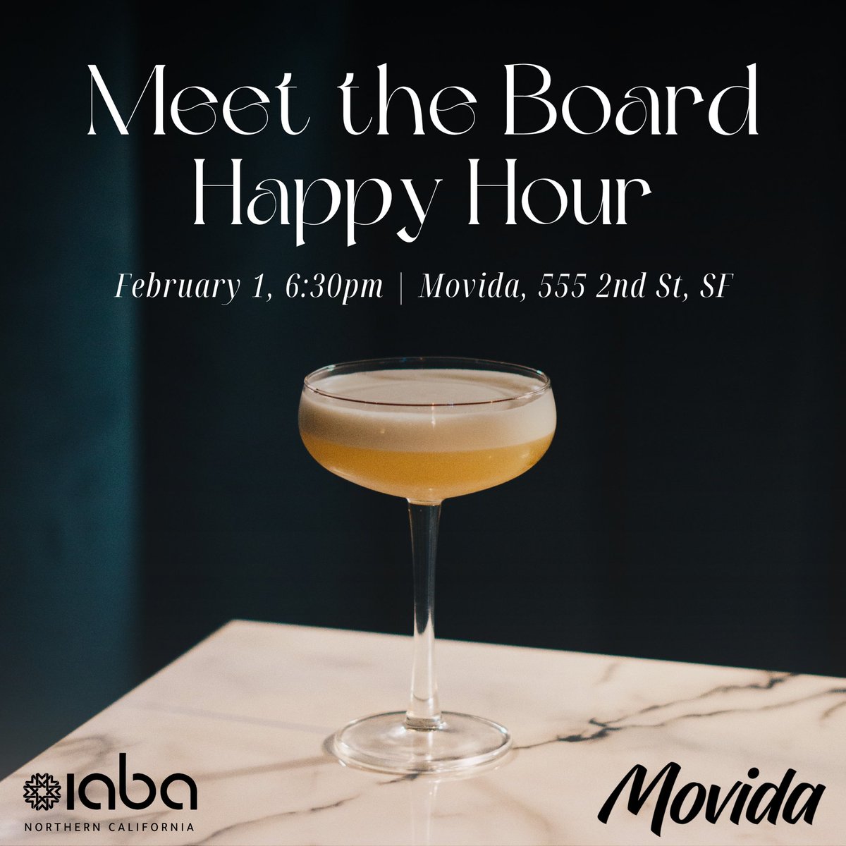 Come meet IABA NorCal’s 2024 board of directors at our first happy hour of the year! We’re excited to host the event at Movida, a new Persian/Mexican fusion bar and restaurant in the heart of SoMA. See you there!