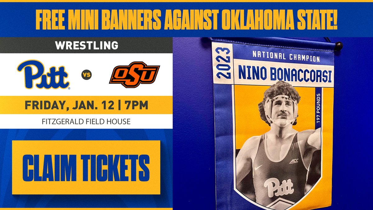 Friday Night at Fitzgerald Field House ✨

No. 15 Pitt 🆚 No. 5 Oklahoma State

» As many as NINE ranked matchups
» Honor 2023 NCAA champ <a href="/NeenBon/">Nino Bonaccorsi</a> 
» 400 Nino Bonaccorsi mini banners
» Happy Hour: 50% off domestic beers

Claim Tickets 🎟️ bit.ly/PittOKState24

#H2P » #PINZBURGH
