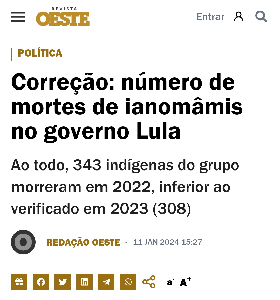 lazarorosa25's tweet photo. RAPAZ, QUE VERGONHA! Lembram da "reportagem" da Revista Oeste intitulada "Número de mortes de ianomâmis aumentou 50% no governo Lula"? ÓBVIO QUE ERA MENTIRA.

A fake news viralizou e a revista foi obrigada a corrigir a matéria.

OESTE MENTE https://t.co/dbflOMTJas