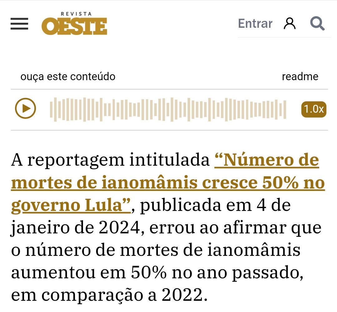 lazarorosa25's tweet photo. RAPAZ, QUE VERGONHA! Lembram da "reportagem" da Revista Oeste intitulada "Número de mortes de ianomâmis aumentou 50% no governo Lula"? ÓBVIO QUE ERA MENTIRA.

A fake news viralizou e a revista foi obrigada a corrigir a matéria.

OESTE MENTE https://t.co/dbflOMTJas