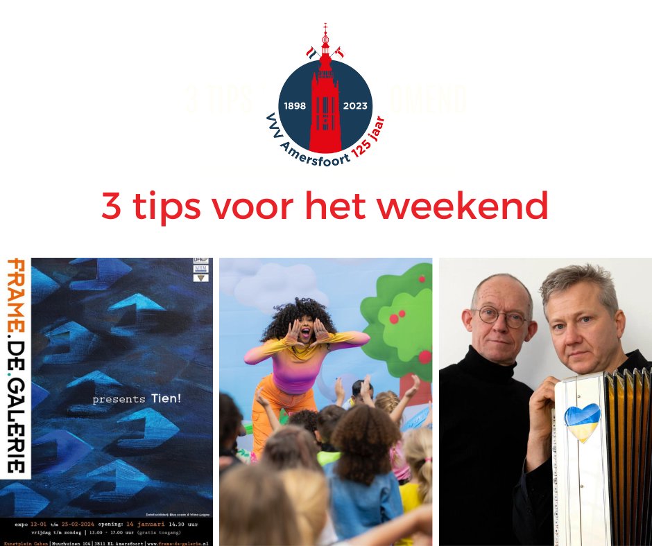 Het is alweer bijna weekend 🤗
Bij deze 3 leuke tips van ons!

1️⃣ Tien! - Frame.de.Galerie
vvvamersfoort.nl/nl/agenda/7108…
2️⃣ Feest van Zappelin - Dierenpark Amersfoort 
vvvamersfoort.nl/nl/agenda/7135…
3️⃣ Benefietconcert voor Oekraïne - De Lieve Vrouw
lievevrouw.nl/agenda/benefie…