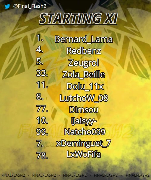 STARTING XI  

Retour sur les terrains ce soir pour nos joueurs, 
le calendrier arrivent très rapidement !!! 

🎨: <a href="/LutchoWoff/">LutchoW_08</a> 

#goff2