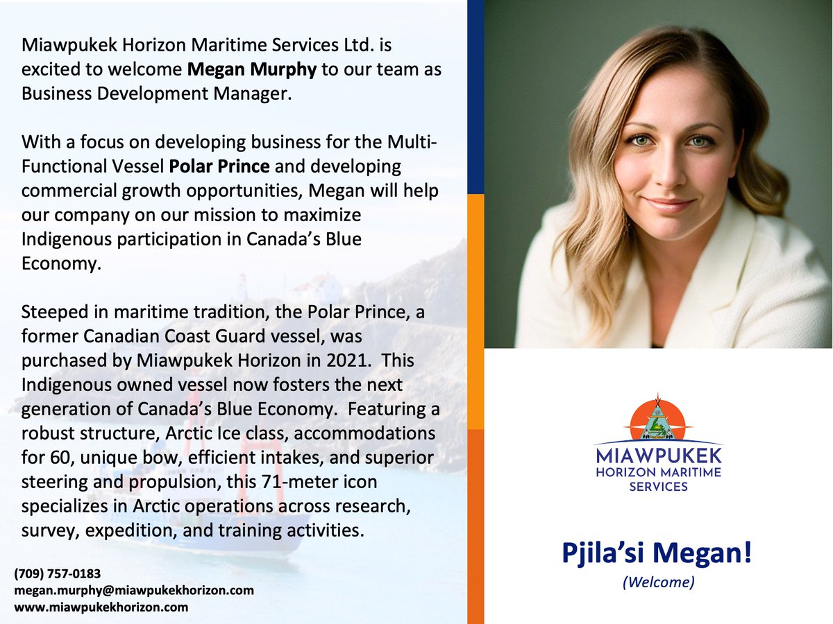 HorizonOffshore's tweet photo. Miawpukek Horizon Maritime Services Ltd. is excited to welcome Megan Murphy to the team as Business Development Manager! https://t.co/HkKYYoxUc8