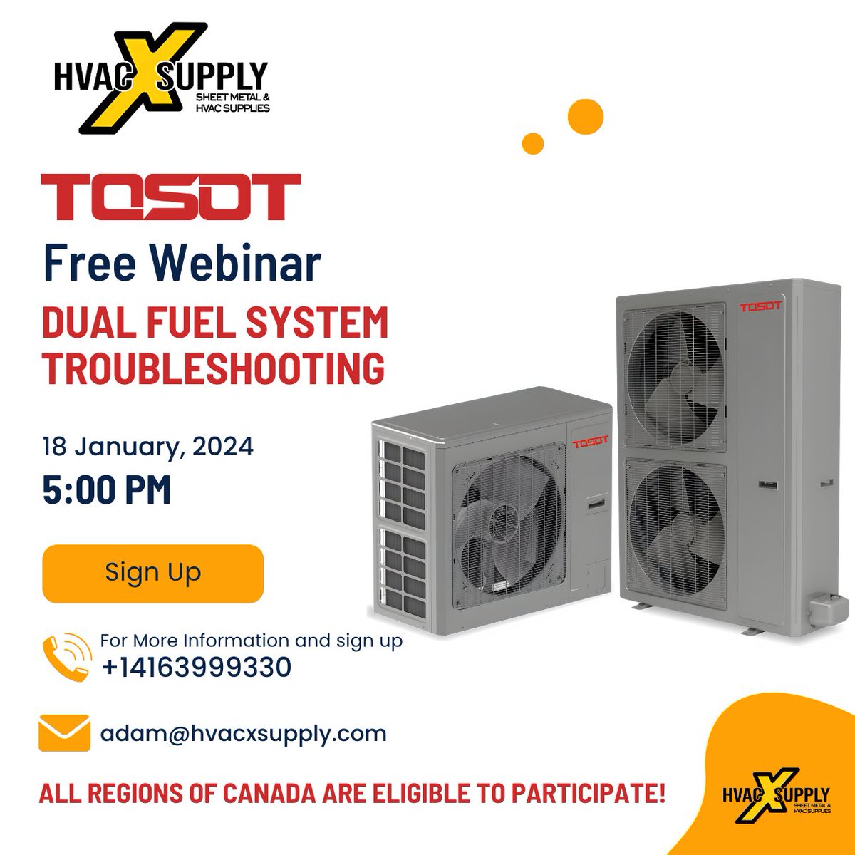 Gear up, #HVACPros! 🔩 Join our FREE #TOSOT Webinar on Dual Fuel System Troubleshooting 🛠️🌡️

📆 Jan 18 '24 | 🕔 5 PM EST| 🍁 All over Canada 📞+14163999330 | ✉️ adam@hvacxsupply.com to register!
Reserve your spot NOW! #HVACTraining #CanadaHVAC #TOSOTCanada
