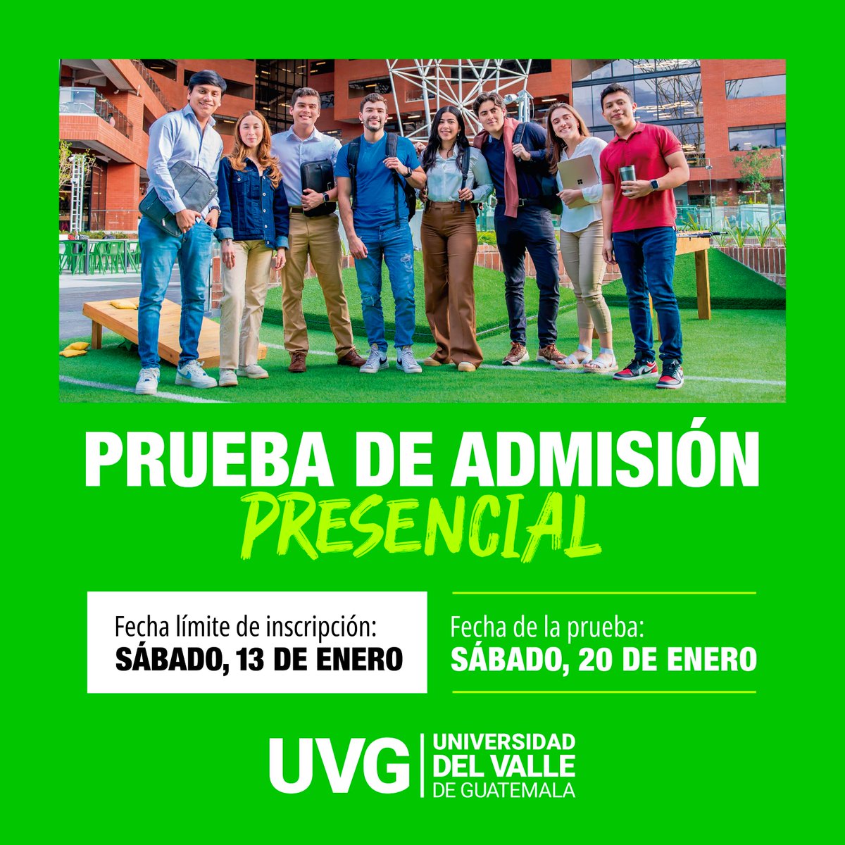 Reserva estas fechas para iniciar tu proceso de admisión a UVG. 

🔔 Último día de inscripción: sábado, 13 de enero 
🟢 Prueba de admisión presencial: sábado, 20 de enero 

¡Inscríbete! Haz clic en este enlace 🎯 tinyurl.com/3htr8w2z