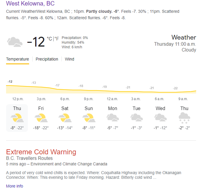 Weather over the next couple days is forecasted to be extremely cold! Prepare yourself. Travel/commute with a warm winter coat, boots, gloves, toque and face protection. These items when needed can save lives. Stay safe, stay warm!  <a href="/WestKelownaCity/">City of West Kelowna</a>