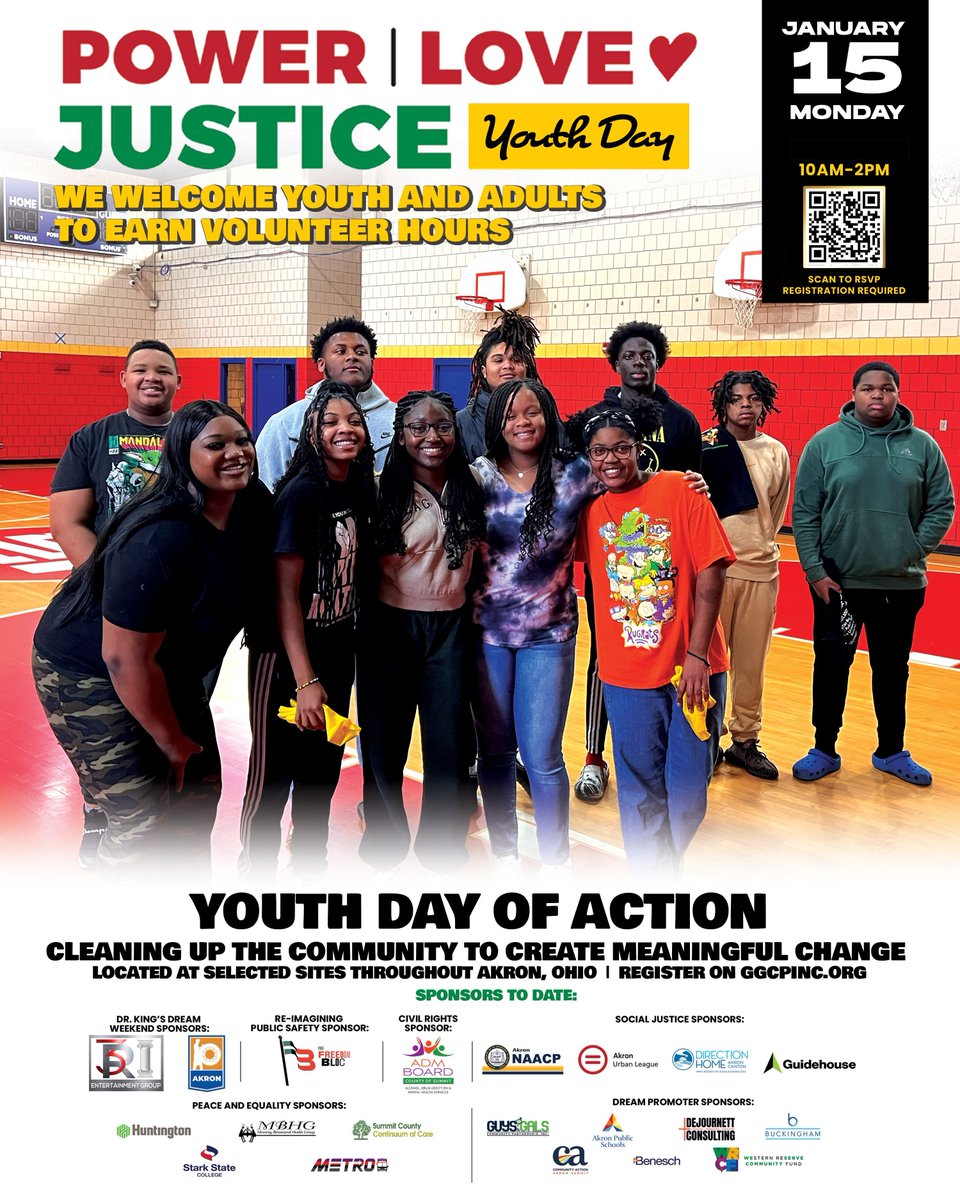 Join the youth in cleaning up Akron! on January 15th from 10am-12pm over 15 organizations will clean up 11 sites around the city. Volunteers are still needed! #PowerLoveJustice #MLKWeekend2024 Click the link to volunteer yourself or a young person. buff.ly/47qwkSn