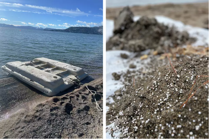 The recent storms battered an untethered floating dock onto Tahoe's North Shore, releasing hundreds of thousands of pieces of polystyrene into the lake. TRPA is working with IVGID to identify an owner. It is up to everyone to @takecaretahoe. Photos: Clean Up the Lake & IVGID