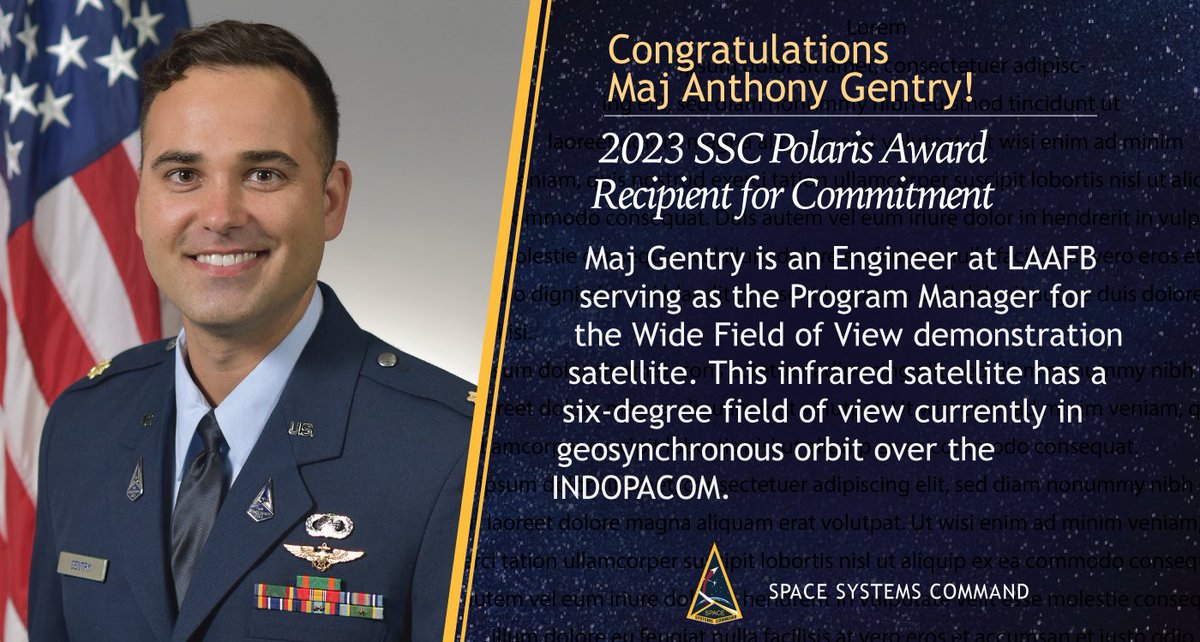 USSF_SSC's tweet photo. Congratulations Maj Anthony Gentry, #SpaceSystemsCommand recipient for the 2023 Polaris Award for Commitment! The Space Force’s Polaris Award recognizes one outstanding team, as well as military and civilian Guardians that embody one of the four #GuardianValues. https://t.co/VgQXG8TR7d