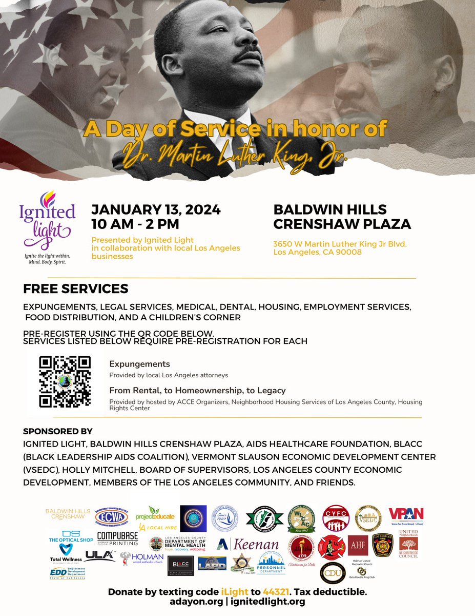 Ignited Light , Jan 13th 10a-2p Location: Baldwin Hills Crenshaw Plaza Free Services; LEGAL SERVICES, MEDICAL,DENTAL, EMPLOYMENT AND MORE !! Register @ignitelight.org #Legalservices #medical #dental #kbla