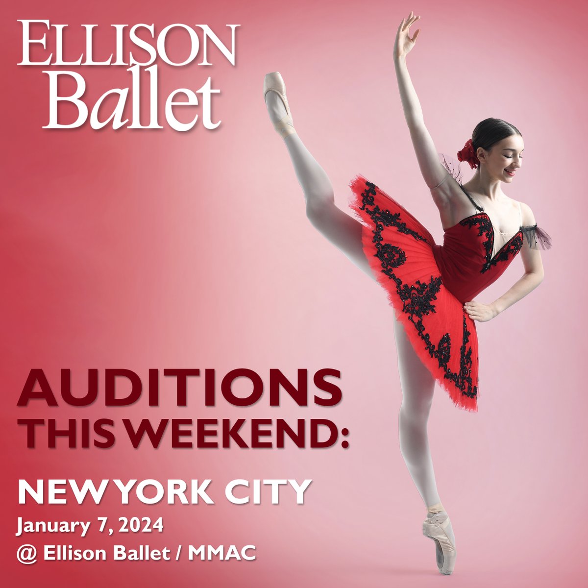 EllisonBallet's tweet photo. AUDITIONS THIS WEEKEND! We hope to see you there!
NYC - Jan. 7th @ Ellison Ballet / MMAC
Register Today: https://t.co/8Z7ybj9amp
#ellisonballet #premiercoaching #ellisonballetcoasttocoast #summerintensive #balletintensive #nyc #losangeles #ebsi2024 #vaganovatechnique #ballet https://t.co/C6wd9oc9EB