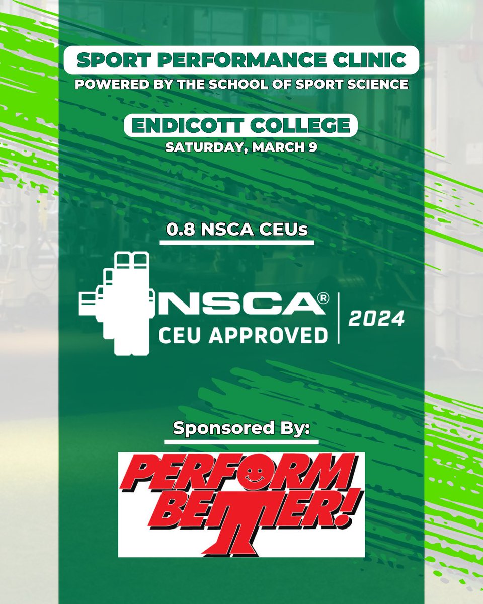 🚀Approved for 0.8 NSCA CEUs!

EVENT: Sport Performance Clinic (Powered by the <a href="/ECSportScience/">School of Sport Science at Endicott College</a>)

DATE: Saturday, March 9th

LOCATION: <a href="/EndicottCollege/">Endicott College</a> 

OPEN TO: Strength &amp; Conditioning Coaches, Students (Exercise Science, Athletic Training and Physical Therapy), Physical