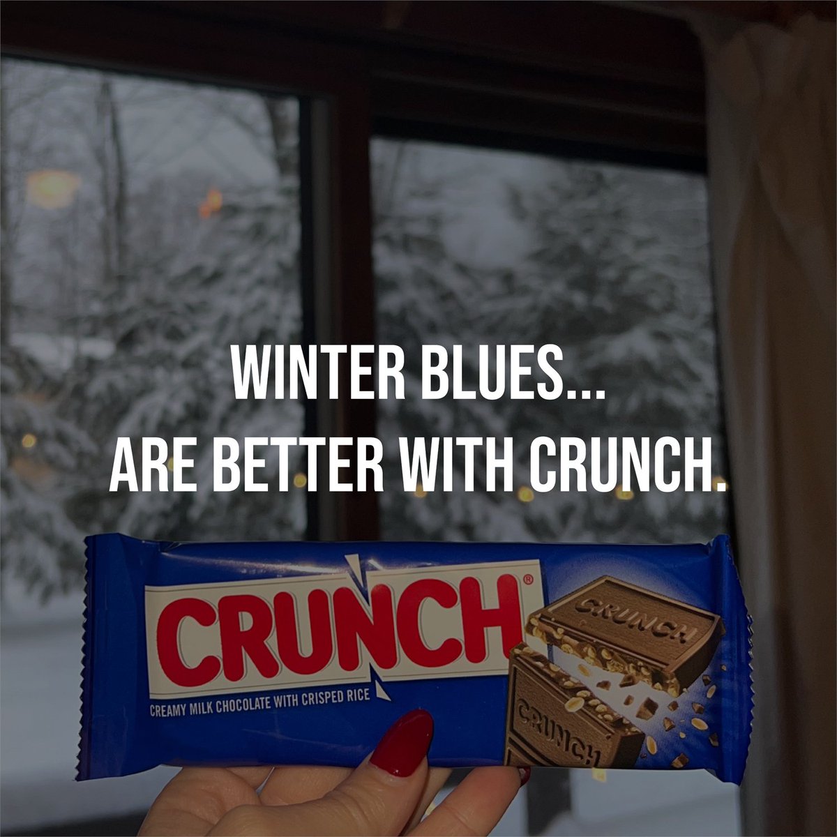 When hibernating until spring isn't an option, at least #CRUNCH bar makes your winter taste better. Comment your least favorite thing about the coldest season ⬇️. #CRUNCHbar #winterblues