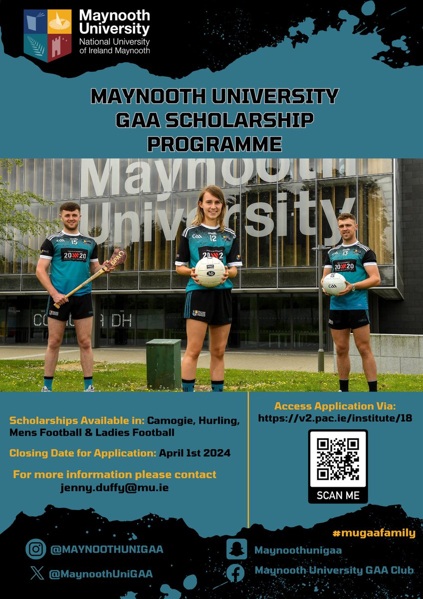 Maynooth University GAA Scholarship Programme is NOW OPEN to incoming first year applicants for the 2024/25 academic year. Maximise your playing potential while creating memories that will last a lifetime. 

Apply Here: v2.pac.ie/institute/18

#mugaafamily