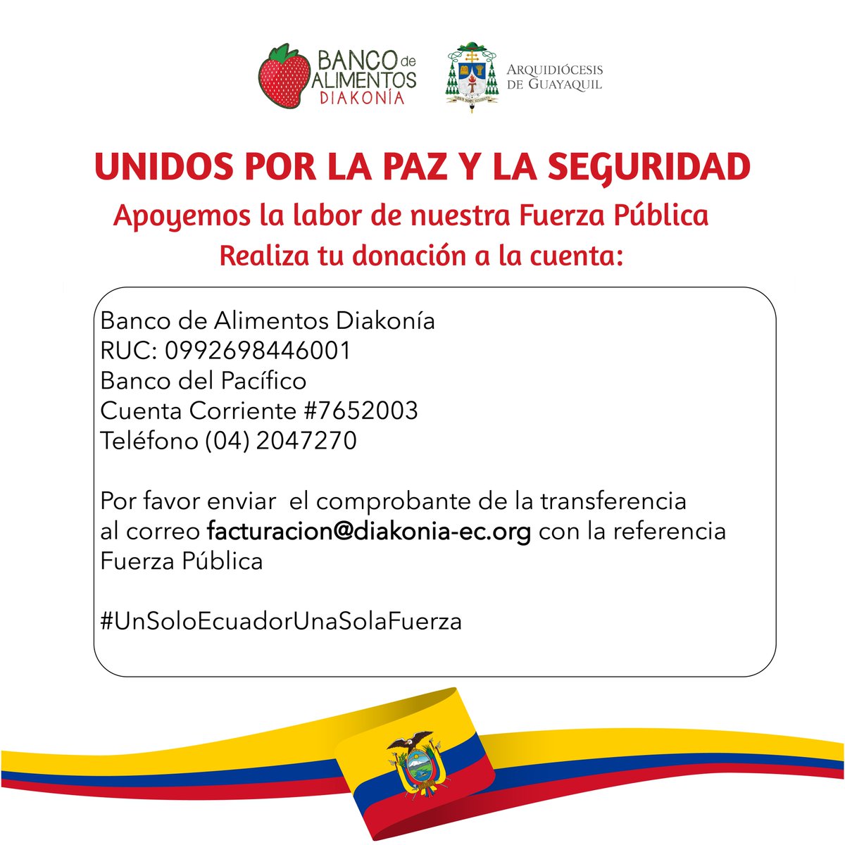 Banco de Alimentos Diakonia en conjunto con la Cámara de Industrias de Guayaquil y el Comité Empresarial Ecuatoriano, brinda su contingente para gestionar las donaciones y canalizarlas de forma eficiente, oportuna y verificable #UnSoloEcuadorUnaSolaFuerza #SirviendoConAmor