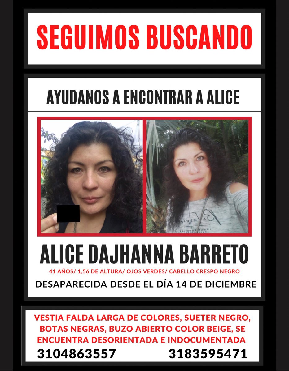 opiadamn's tweet photo. Hola! Seguimos buscando a mi mamá, si puedes ayudarnos a compartir o pegar este cartel en las calles nos ayudaría muchísimo 
Sectores de interés: Bosa, Kennedy, Ciudad Bolívar, Centro, Soacha 
Muchas gracias! 
#buscarlashastaencontrarlas https://t.co/4zmjMI9BuD