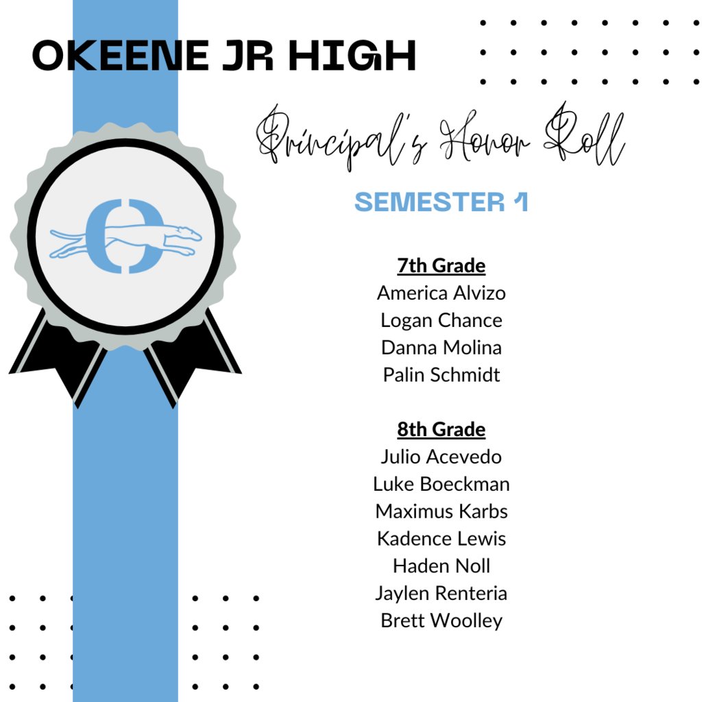 Okeene_OPS's tweet photo. The following students earned either Principal or Superintendent's Honor Roll in our Jr/Sr High the first semester.  Congratulations! https://t.co/bXMWoUkqxL
