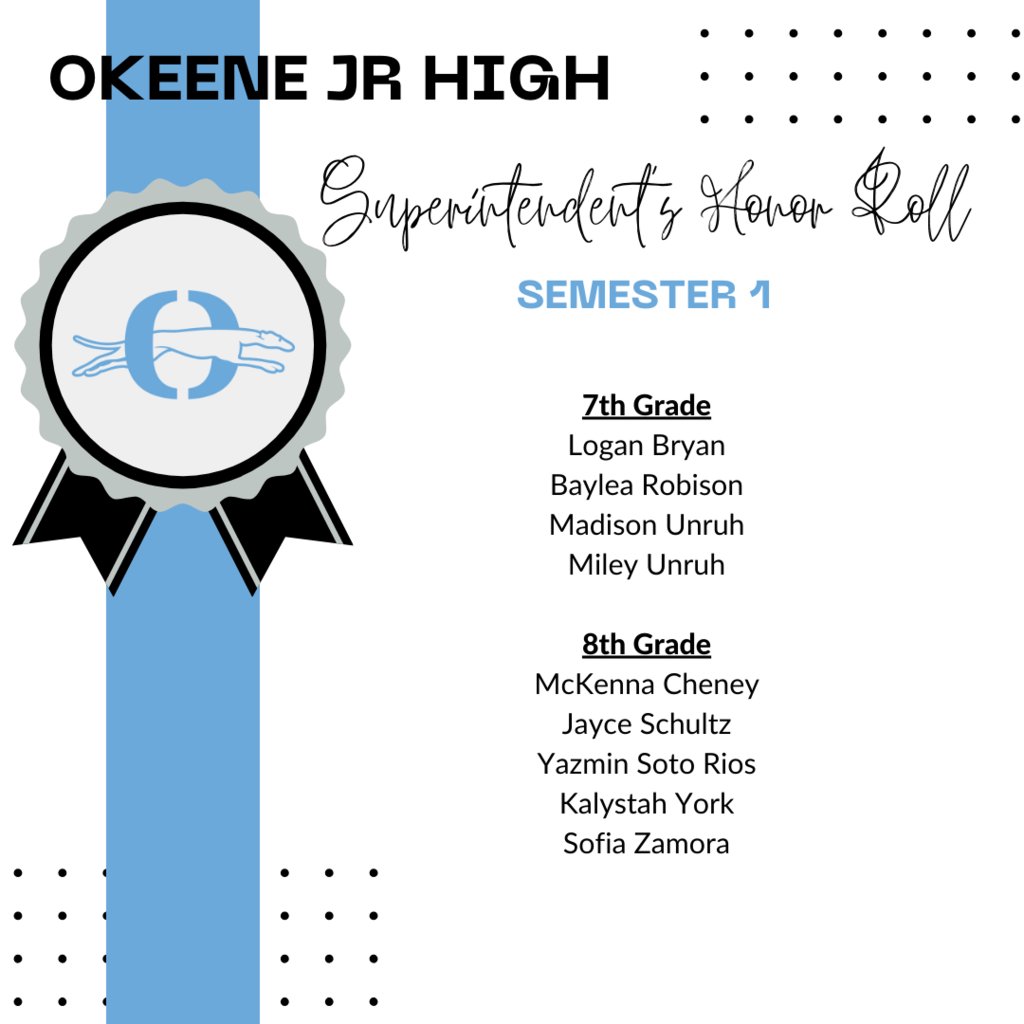 Okeene_OPS's tweet photo. The following students earned either Principal or Superintendent's Honor Roll in our Jr/Sr High the first semester.  Congratulations! https://t.co/bXMWoUkqxL
