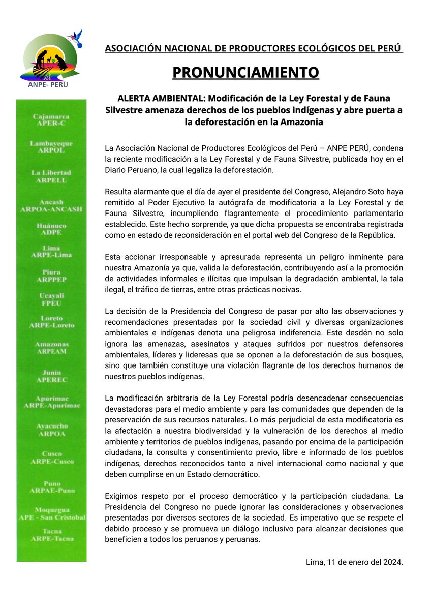 AnpeperuOficial's tweet photo. ANPE PERÚ condena la modificación reciente de la Ley Forestal y Fauna Silvestre, que legaliza la deforestación. Un peligro inminente para la Amazonía, fomentando la degradación ambiental y tala ilegal.
#LeyForestal
#PueblosIndigenas
#NoALaDeforestacion https://t.co/5z5nce3ILB