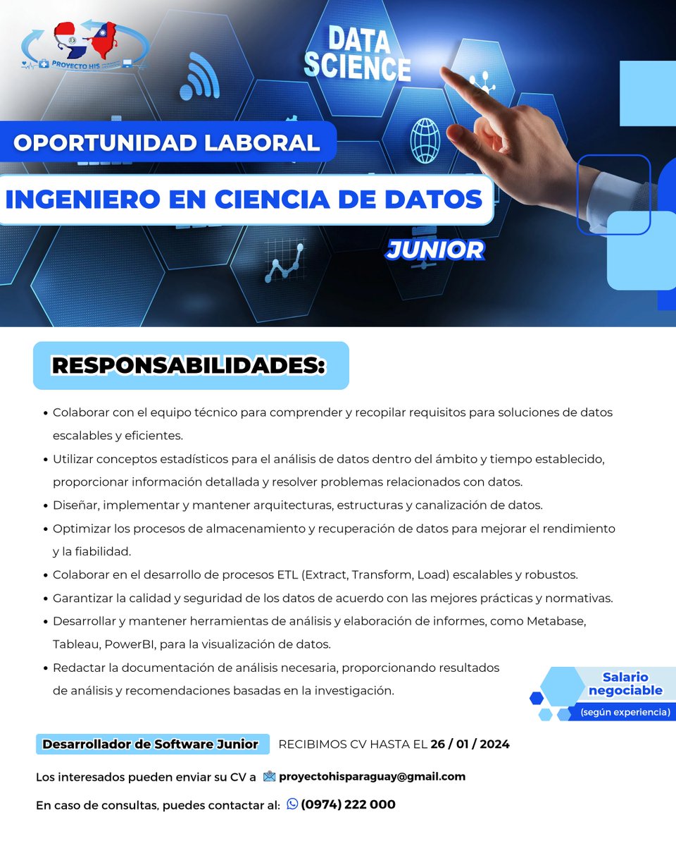 HIS_Paraguay's tweet photo. 📢 ¡𝗧𝗘 𝗘𝗦𝗧𝗔𝗠𝗢𝗦 𝗕𝗨𝗦𝗖𝗔𝗡𝗗𝗢!
Únete a nuestro equipo 🇵🇾🇹🇼
𝐈𝐧𝐠𝐞𝐧𝐢𝐞𝐫𝐨 𝐞𝐧 𝐂𝐢𝐞𝐧𝐜𝐢𝐚 𝐝𝐞 𝐃𝐚𝐭𝐨𝐬📈📊
📨 Si cumples con los requisitos, envíanos tu CV al correo: proyectohisparaguay@gmail.com
¡Postulate HOY! 
(Recibimos CV hasta el 26 de enero del 2024) https://t.co/2nTr9sRYFl