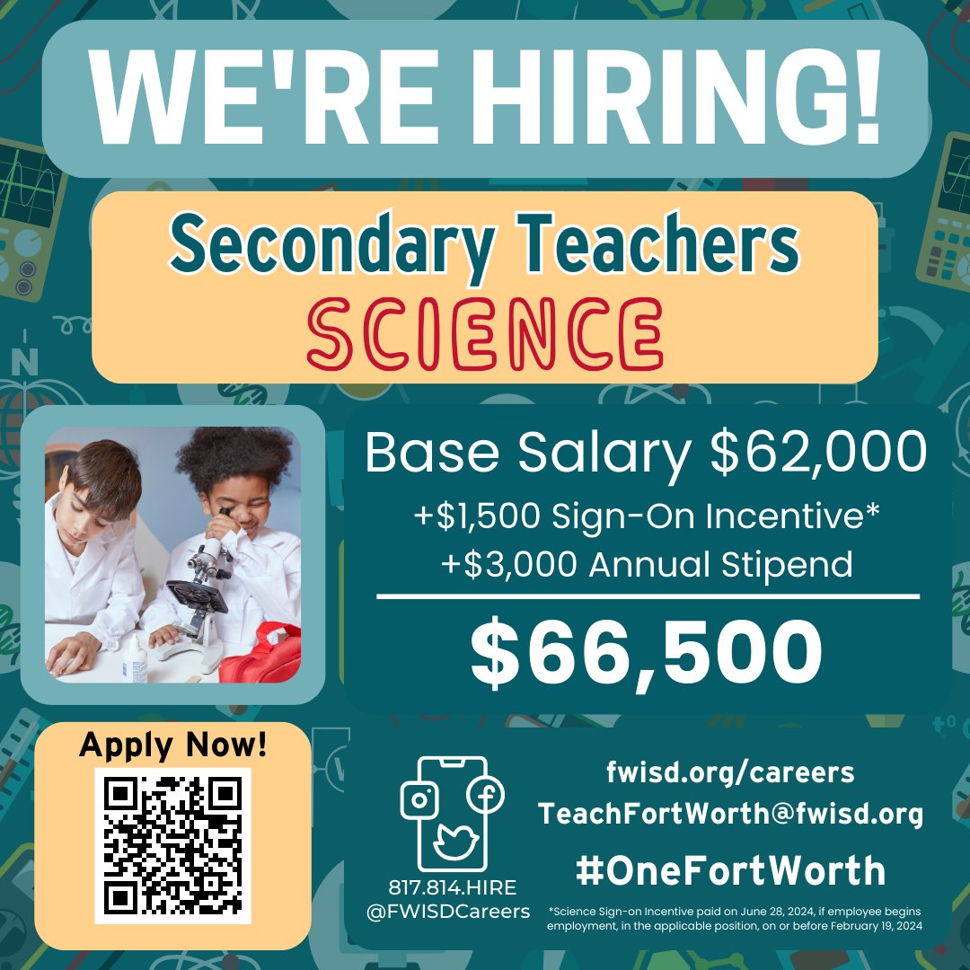 We are hiring 🥼SCIENCE TEACHERS at J. P. Elder MS (Grade 6-8), Diamond Hill Jarvis HS, Eastern Hills HS (Grade 9-12), Jacquet MS (6th Grade), Jean McClung MS (Grade 6-8), Leonard MS (Grade 6-8), Wedgwood MS (Grade 6-8), W.M James MS (Grade 6-8), YMLA (Grade 9-12)
Apply Today! 🔬