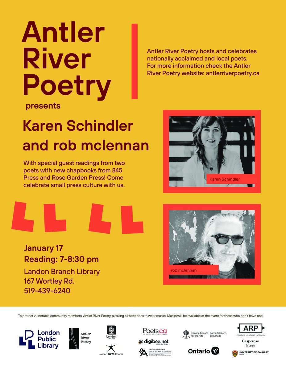 On Jan 17, come see poets @robmclennanblog & @baselinepress AND special guest readers: -Local Opener @SundayAjak -845 Press @KitRoffey -Rose Garden Press @pennkemp & #KatieJeresky 7:00pm Landon @londonlibrary Celebrate small press with us! Details: facebook.com/events/2846531…