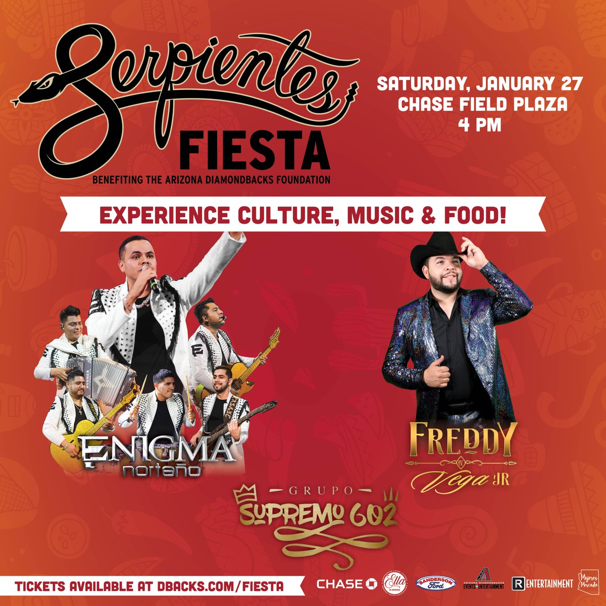 The stars will be out at Serpientes Fiesta. 🌟 Don't miss out on musical performances from Enigma Norteño, Freddy Vega Jr., and Grupo Supremo 602 on January 27: dbacks.com/fiesta