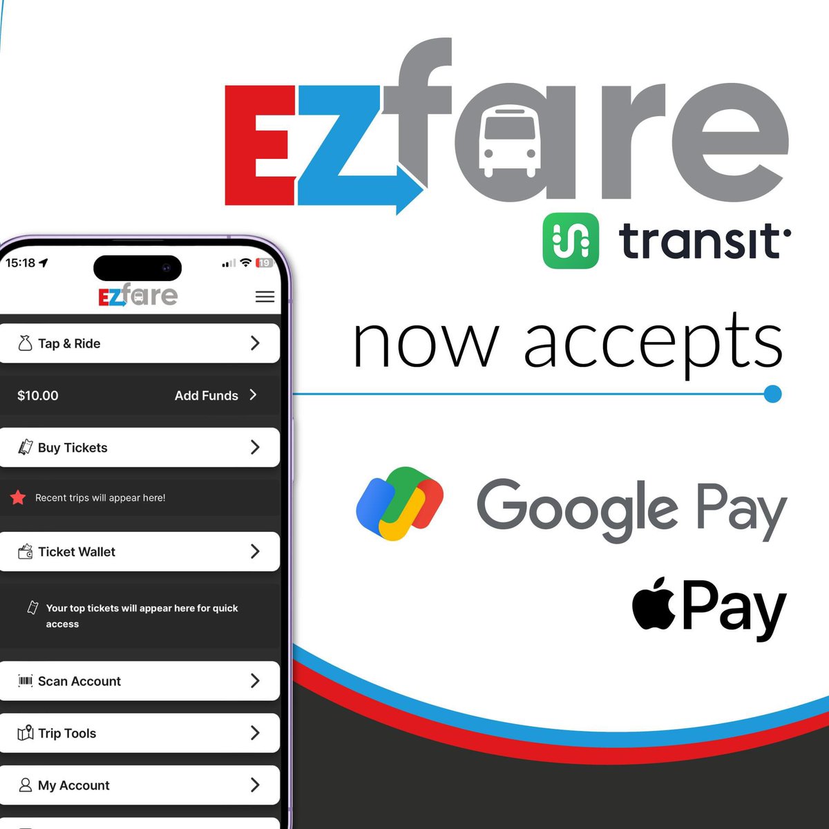 tankbus's tweet image. Transit app users! @EzFare now accepts Google Pay and Apple Pay! Purchasing your fare right in the app has never been easier. Download the app here 👉 tankbus.org/fares-guides/t… #TANKBus #EZFare #TransitApp