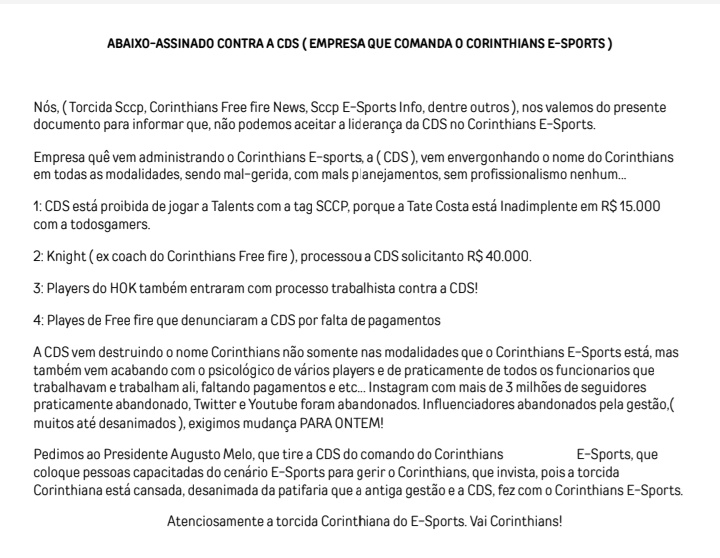 torcidasccpofc's tweet photo. ⚠️ - COMUNICADO OFICIAL!
Convocamos a torcida do Corinthians E-Sports, para se unir e ir contra a CDS.
Vamos mostrar nossa força
#FORACDS https://t.co/ddwmeSeTZJ