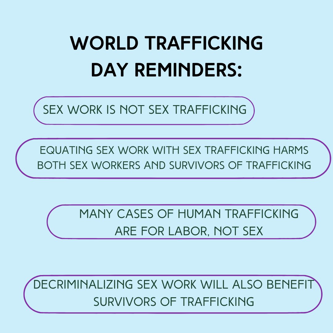 Some reminders for World Trafficking Awareness Day. The frequent association of SW with trafficking is harmful to s*x workers AND survivors of trafficking. 

Decrim is the only way to ensure safety for SWers, and reduce stigma and harm.

#DecriminalizeSexWork  #RightsNotRescue