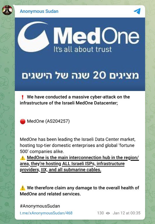 FalconFeedsio's tweet image. Anonymous Sudan is targeting Israel’s data center provider Medone. They are a service provider to Israeli companies as well as major brands across the globe. #CyberSecurity #Israel #Medone